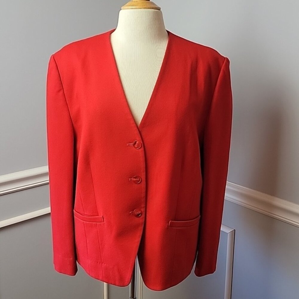 PENDLETON VTG Red 100% Virgin Wool Collarless Single Breasted Blazer Coat Jacket